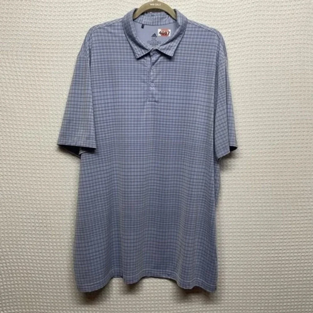NWOT Adidas Primegreen Blue Grid Plaid Short‎ Sleeve Polo Shirt Men 2XL China
